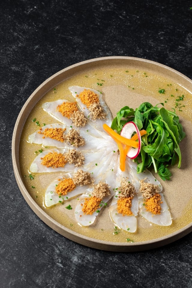 White Fish Sashimi with Truffle and Dried Miso.