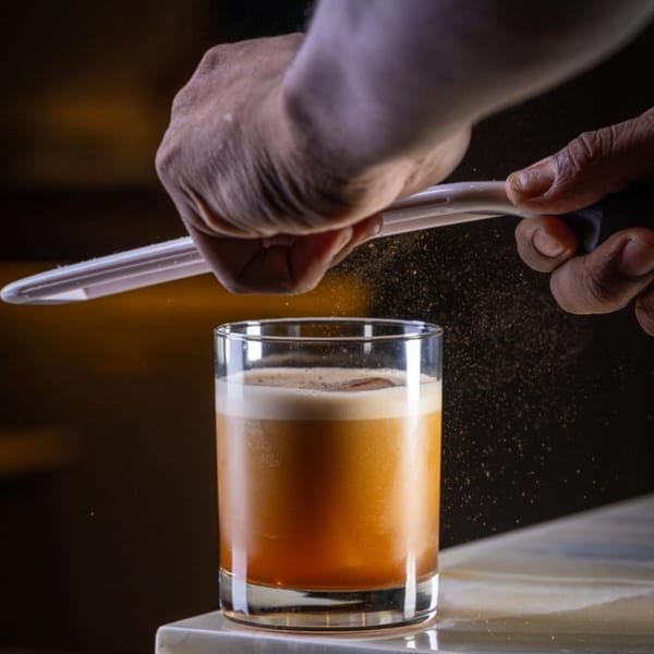 A bartender's hands grating spices over a frothy amber cocktail at Yume Sushi Bar.