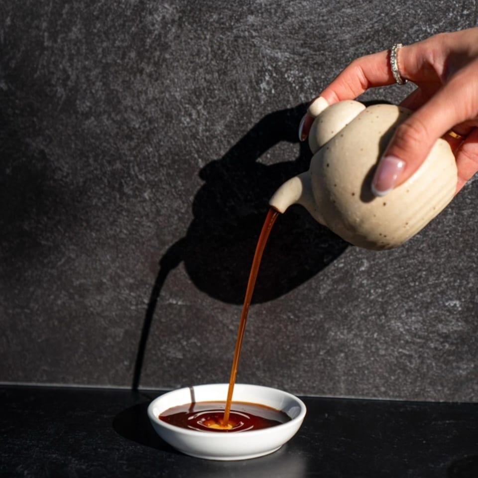 A hand pours dark soy sauce from a ceramic pot into a small white dish on a dark surface.